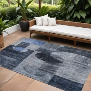 Photo of Navy Blue Gray And Charcoal Geometric Washable Indoor Outdoor Area Rug