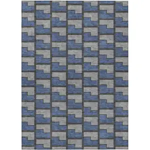Photo of Navy Blue Gray And Charcoal Geometric Washable Indoor Outdoor Area Rug