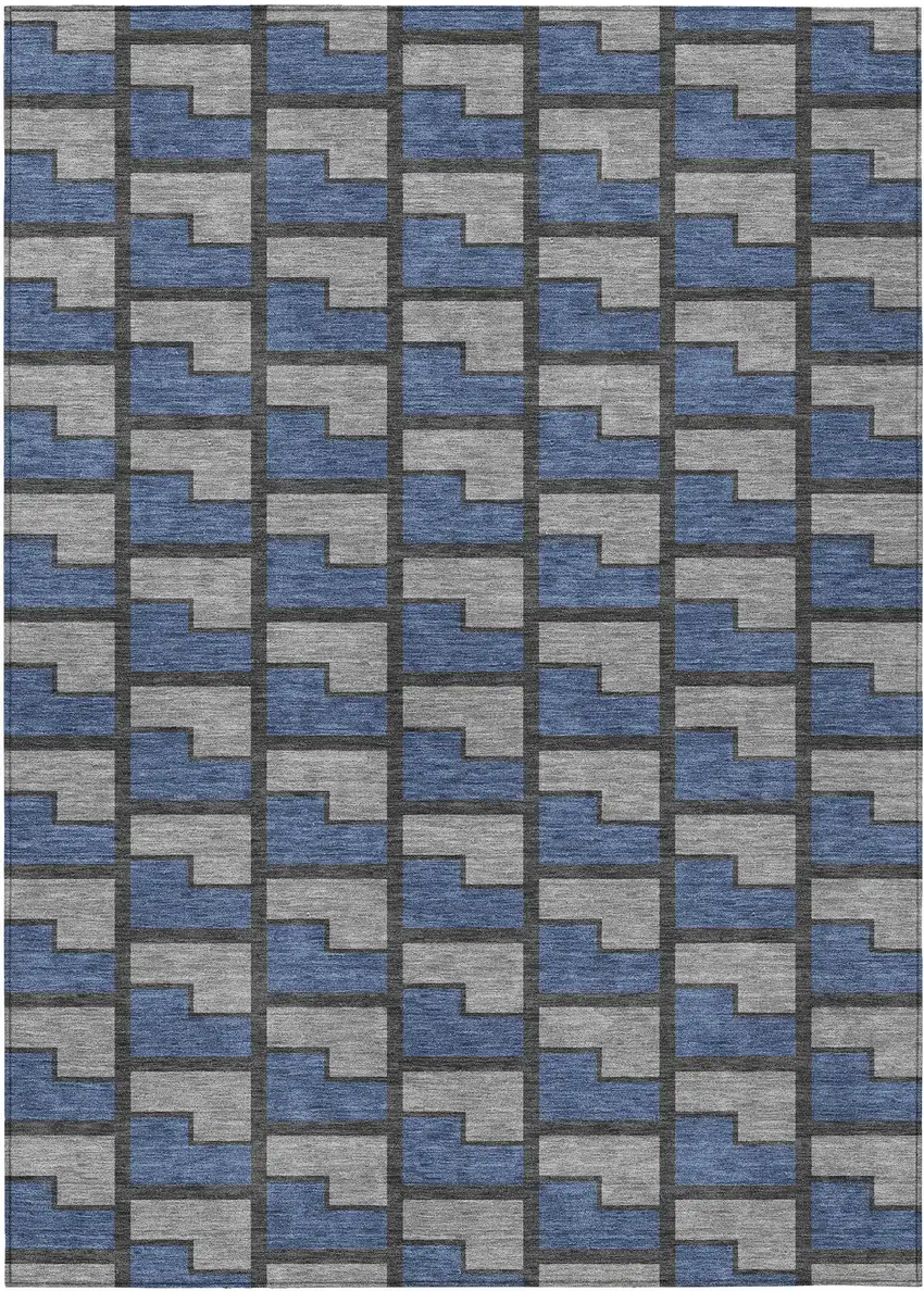 Navy Blue Gray And Charcoal Geometric Washable Indoor Outdoor Area Rug Photo 1