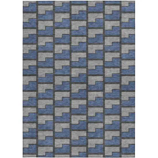 Navy Blue Gray And Charcoal Geometric Washable Indoor Outdoor Area Rug Photo 3