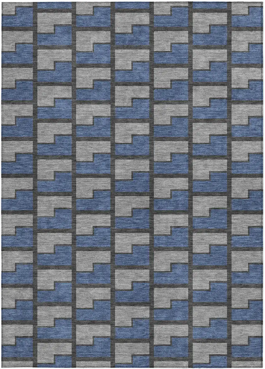 Navy Blue Gray And Charcoal Geometric Washable Indoor Outdoor Area Rug Photo 3