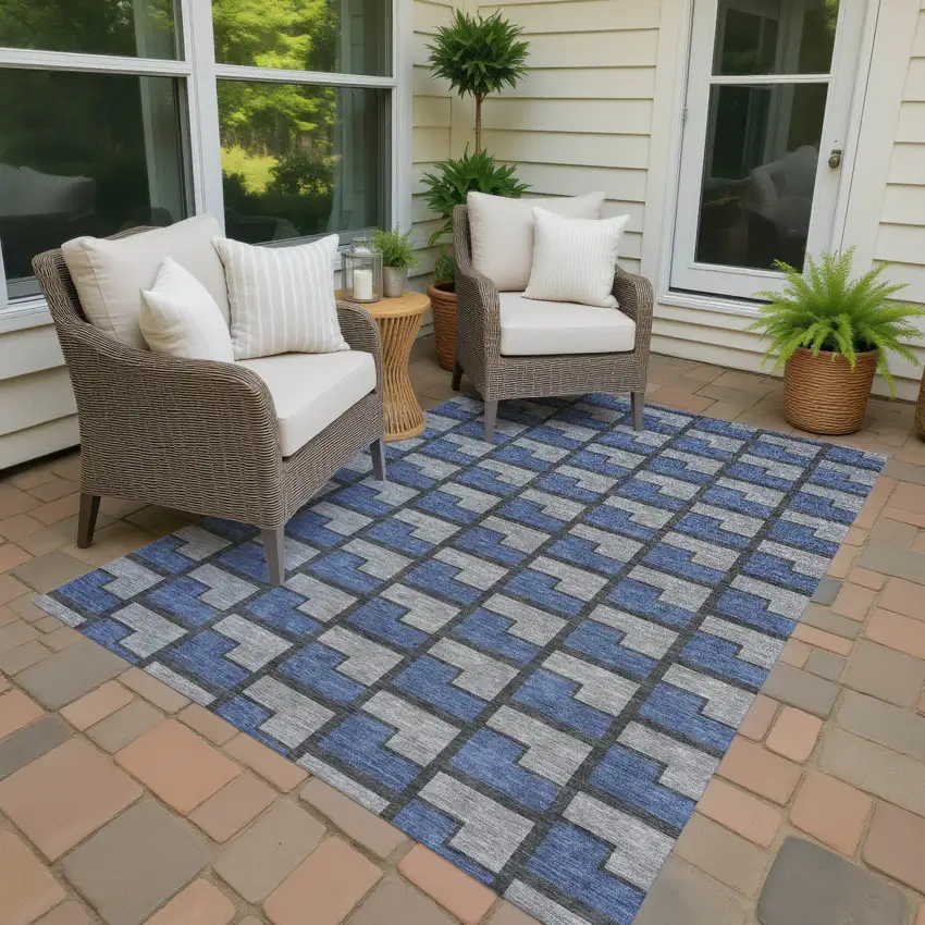 Navy Blue Gray And Charcoal Geometric Washable Indoor Outdoor Area Rug Photo 4