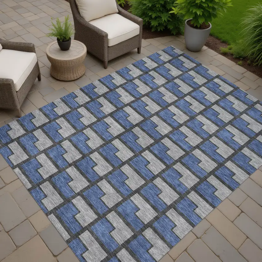 Navy Blue Gray And Charcoal Geometric Washable Indoor Outdoor Area Rug Photo 7