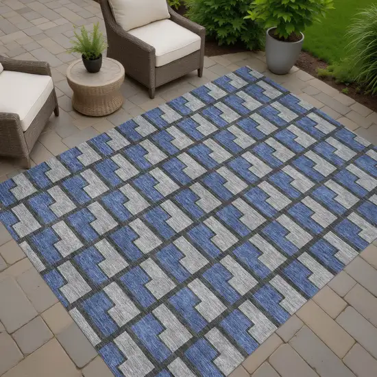 Navy Blue Gray And Charcoal Geometric Washable Indoor Outdoor Area Rug Photo 7
