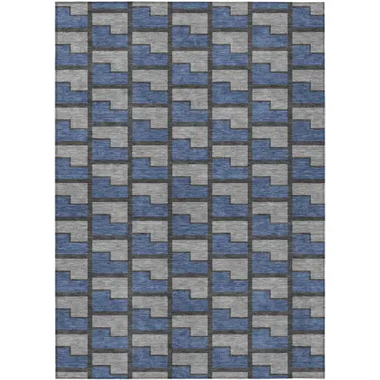 Navy Blue Gray And Charcoal Geometric Washable Indoor Outdoor Area Rug Photo 1