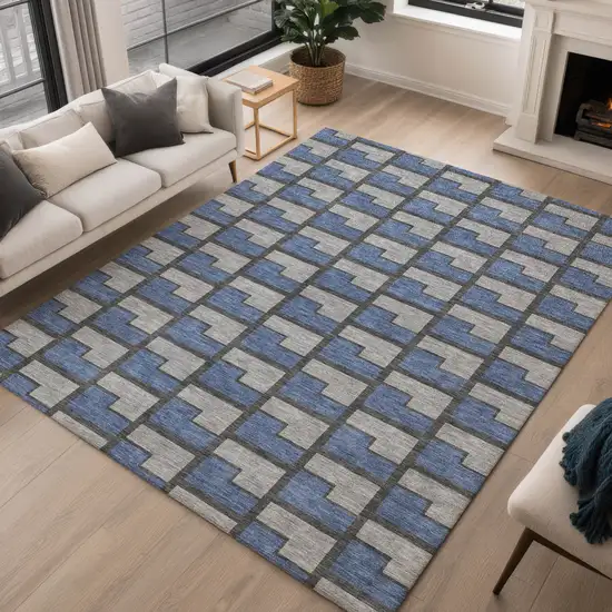 Navy Blue Gray And Charcoal Geometric Washable Indoor Outdoor Area Rug Photo 5