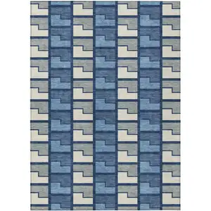 Photo of Navy Blue Gray And Charcoal Geometric Washable Indoor Outdoor Area Rug