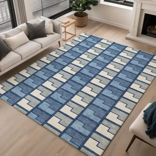 Navy Blue Gray And Charcoal Geometric Washable Indoor Outdoor Area Rug Photo 5
