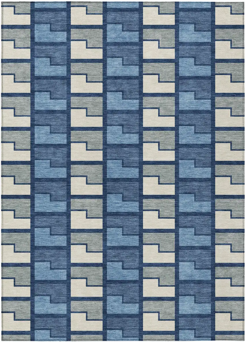 Navy Blue Gray And Charcoal Geometric Washable Indoor Outdoor Area Rug Photo 1