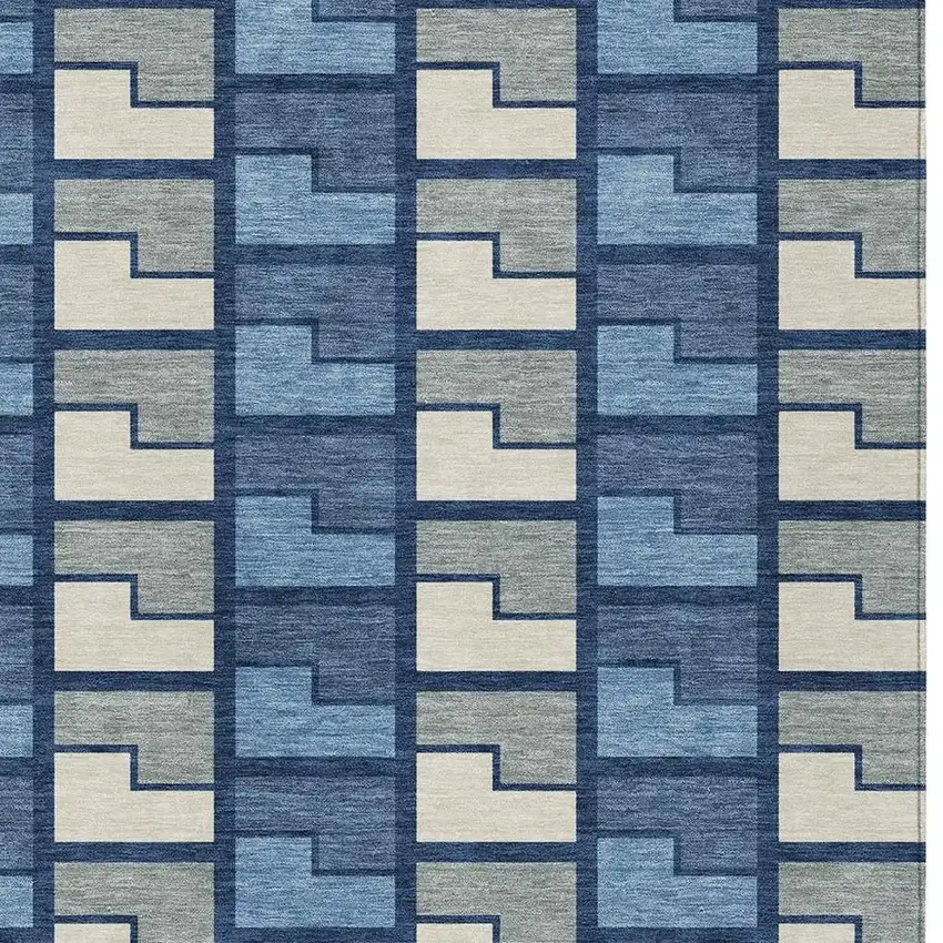 Navy Blue Gray And Charcoal Geometric Washable Indoor Outdoor Area Rug Photo 2