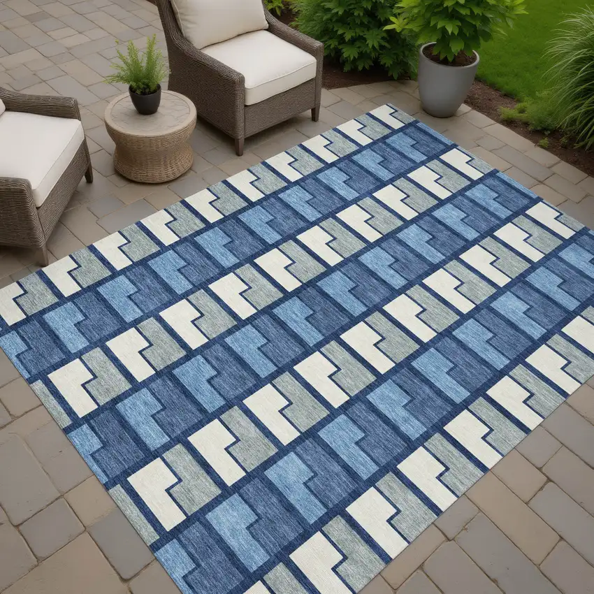 Navy Blue Gray And Charcoal Geometric Washable Indoor Outdoor Area Rug Photo 7