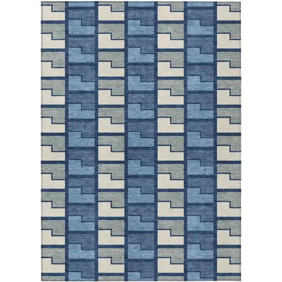 Navy Blue Gray And Charcoal Geometric Washable Indoor Outdoor Area Rug Photo 1