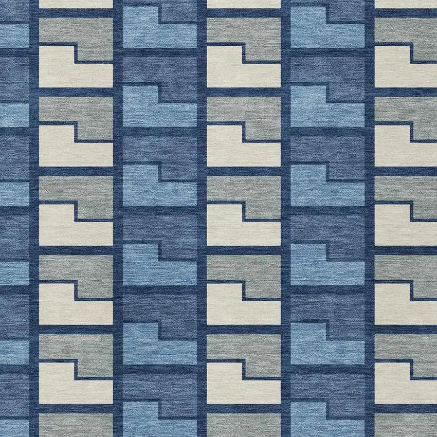 Navy Blue Gray And Charcoal Geometric Washable Indoor Outdoor Area Rug Photo 2