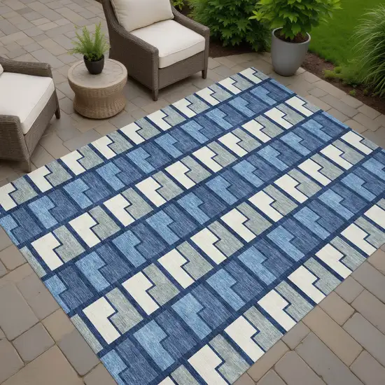 Navy Blue Gray And Charcoal Geometric Washable Indoor Outdoor Area Rug Photo 7