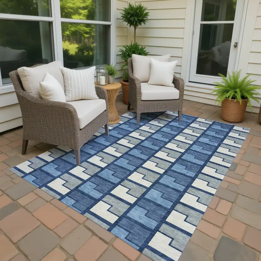 Navy Blue Gray And Charcoal Geometric Washable Indoor Outdoor Area Rug Photo 4