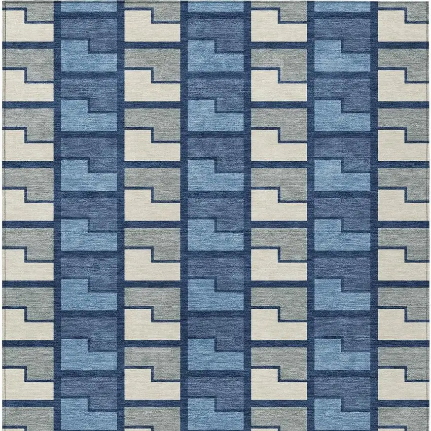 Navy Blue Gray And Charcoal Geometric Washable Indoor Outdoor Area Rug Photo 3