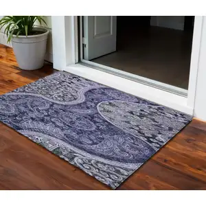 Photo of Navy Blue Gray And Green Floral Medallion Washable Indoor Outdoor Area Rug