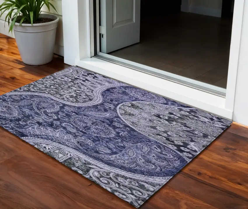Navy Blue Gray And Green Floral Medallion Washable Indoor Outdoor Area Rug Photo 1