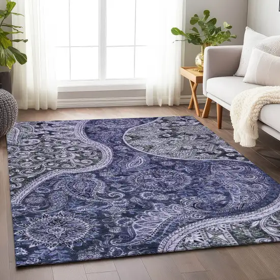 Navy Blue Gray And Green Floral Medallion Washable Indoor Outdoor Area Rug Photo 8