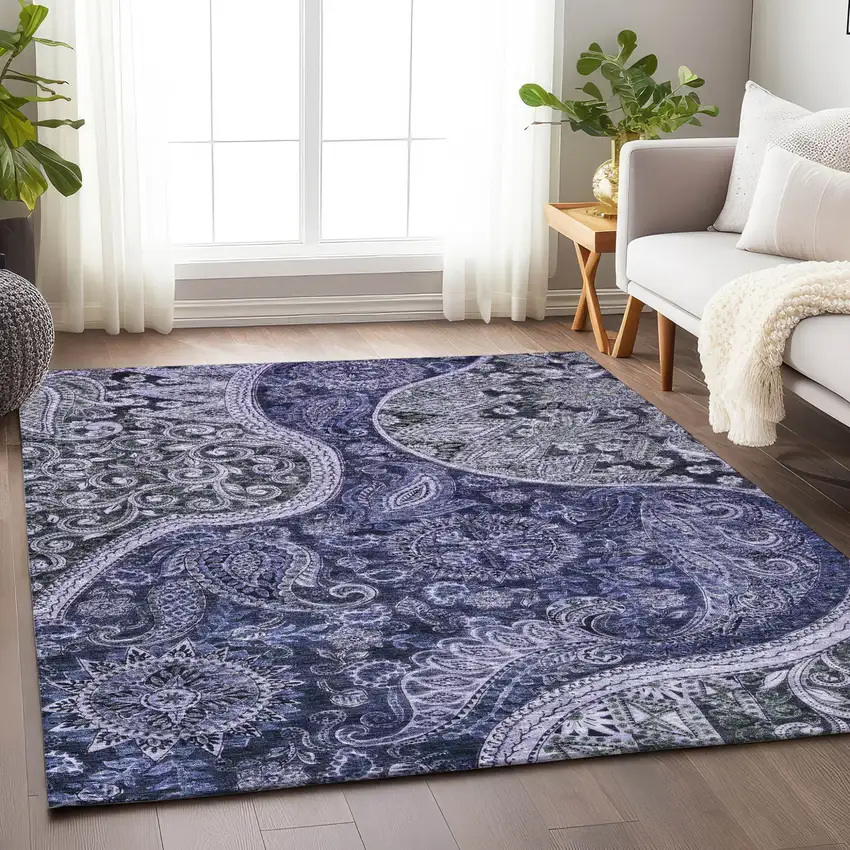 Navy Blue Gray And Green Floral Medallion Washable Indoor Outdoor Area Rug Photo 8