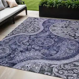 Photo of Navy Blue Gray And Green Floral Medallion Washable Indoor Outdoor Area Rug
