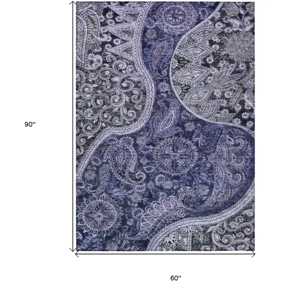 Navy Blue Gray And Green Floral Medallion Washable Indoor Outdoor Area Rug Photo 7