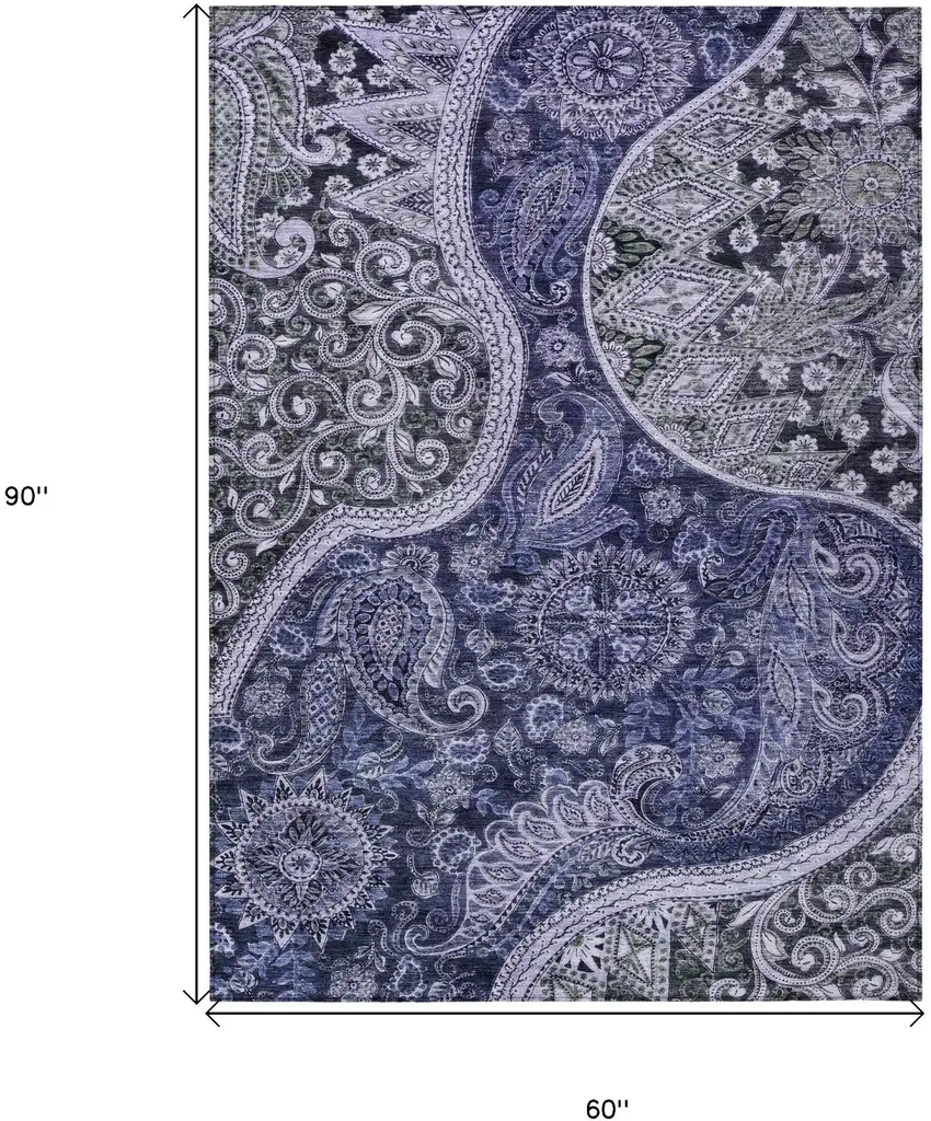 Navy Blue Gray And Green Floral Medallion Washable Indoor Outdoor Area Rug Photo 7