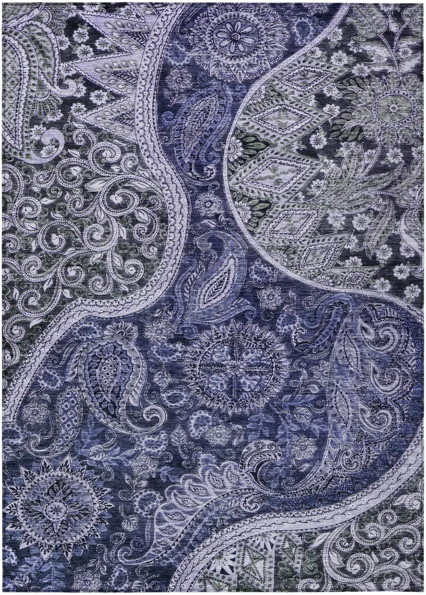 Navy Blue Gray And Green Floral Medallion Washable Indoor Outdoor Area Rug Photo 2