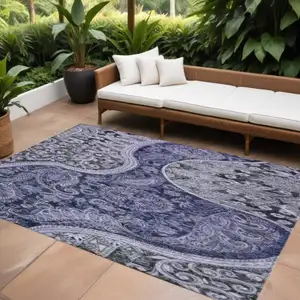 Photo of Navy Blue Gray And Green Floral Medallion Washable Indoor Outdoor Area Rug