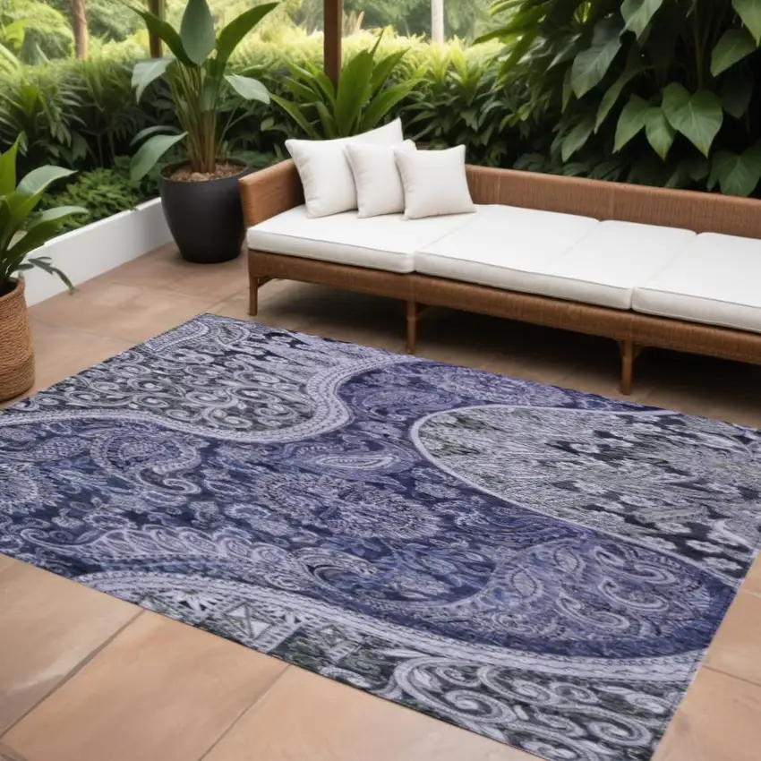 Navy Blue Gray And Green Floral Medallion Washable Indoor Outdoor Area Rug Photo 1