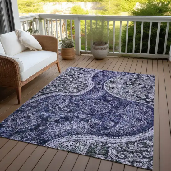 Navy Blue Gray And Green Floral Medallion Washable Indoor Outdoor Area Rug Photo 7