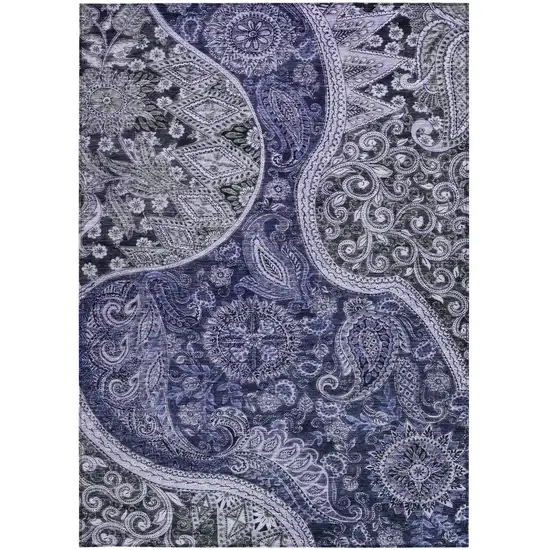 Navy Blue Gray And Green Floral Medallion Washable Indoor Outdoor Area Rug Photo 6