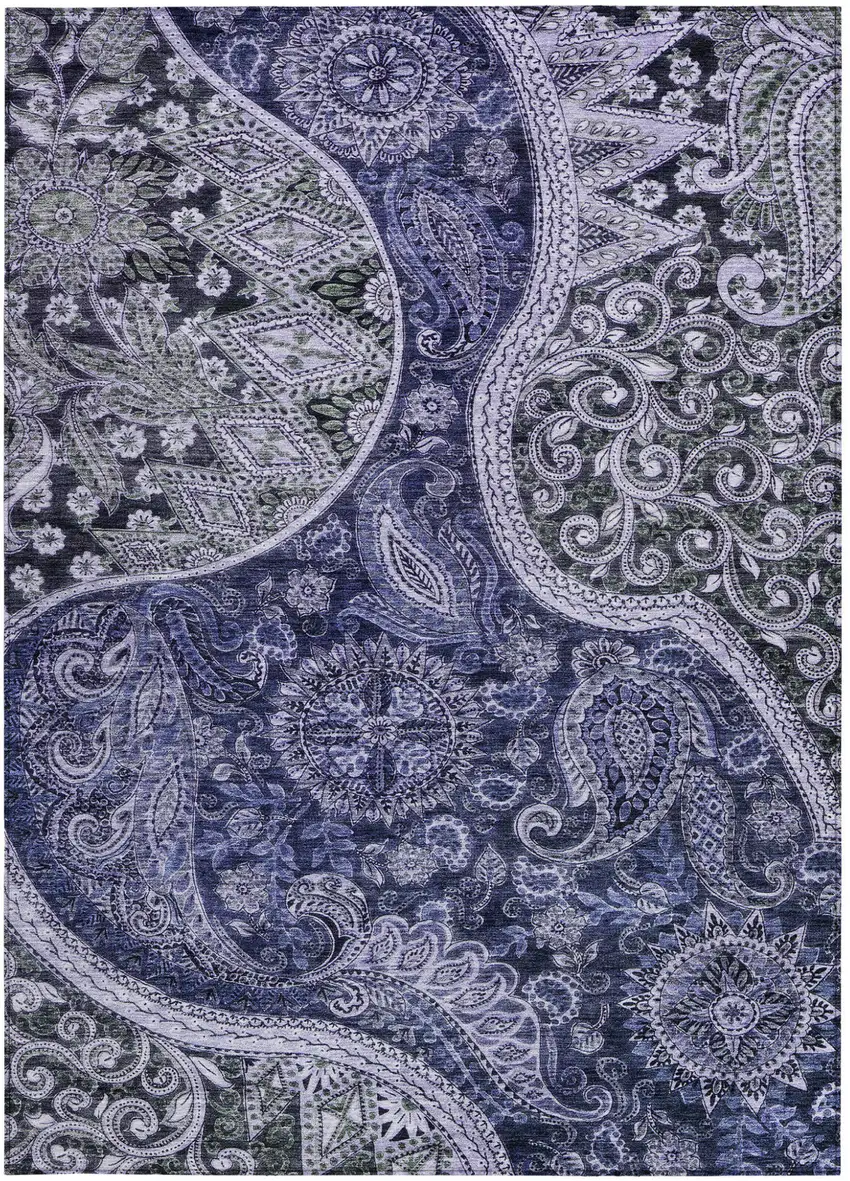 Navy Blue Gray And Green Floral Medallion Washable Indoor Outdoor Area Rug Photo 6