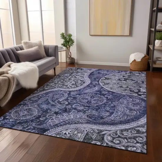 Navy Blue Gray And Green Floral Medallion Washable Indoor Outdoor Area Rug Photo 9