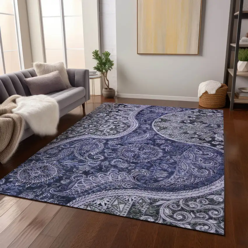 Navy Blue Gray And Green Floral Medallion Washable Indoor Outdoor Area Rug Photo 9