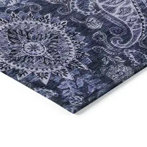 Photo of Navy Blue Gray And Green Floral Medallion Washable Indoor Outdoor Area Rug