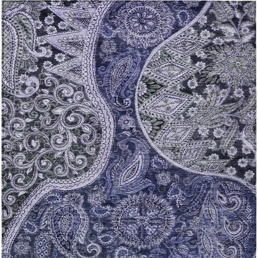 Navy Blue Gray And Green Floral Medallion Washable Indoor Outdoor Area Rug Photo 6