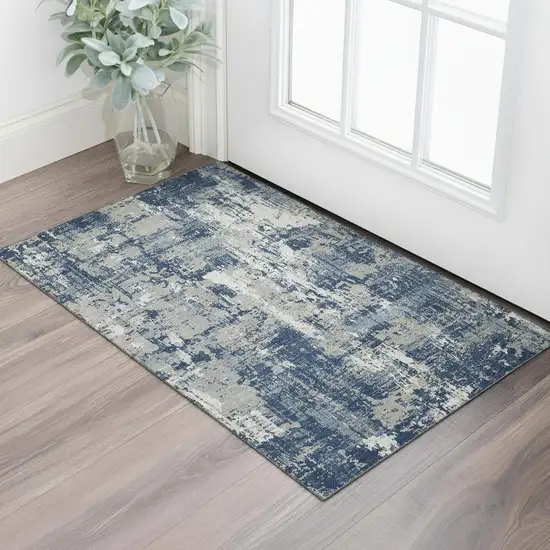 Navy Blue Gray And Ivory Abstract Washable Area Rug With UV Protection Photo 2