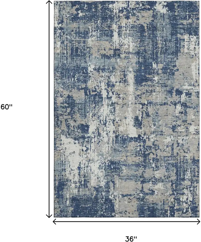 Navy Blue Gray And Ivory Abstract Washable Area Rug With UV Protection Photo 7
