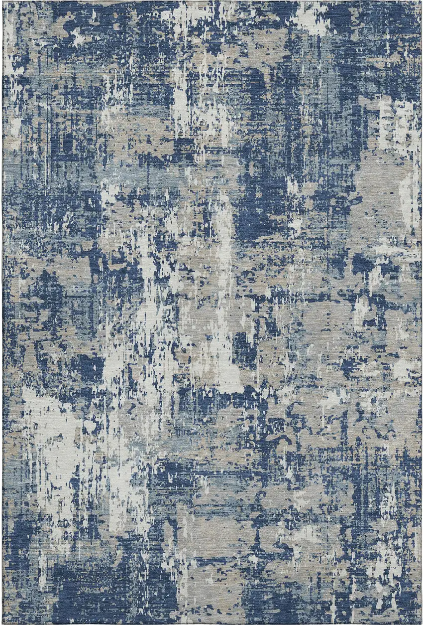Navy Blue Gray And Ivory Abstract Washable Area Rug With UV Protection Photo 1