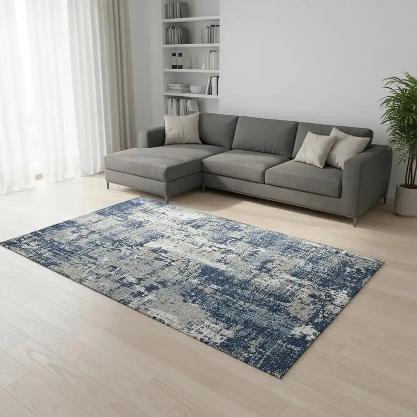 Navy Blue Gray And Ivory Abstract Washable Area Rug With UV Protection Photo 2