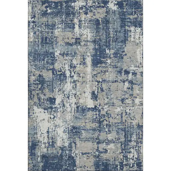 Navy Blue Gray And Ivory Abstract Washable Area Rug With UV Protection Photo 1