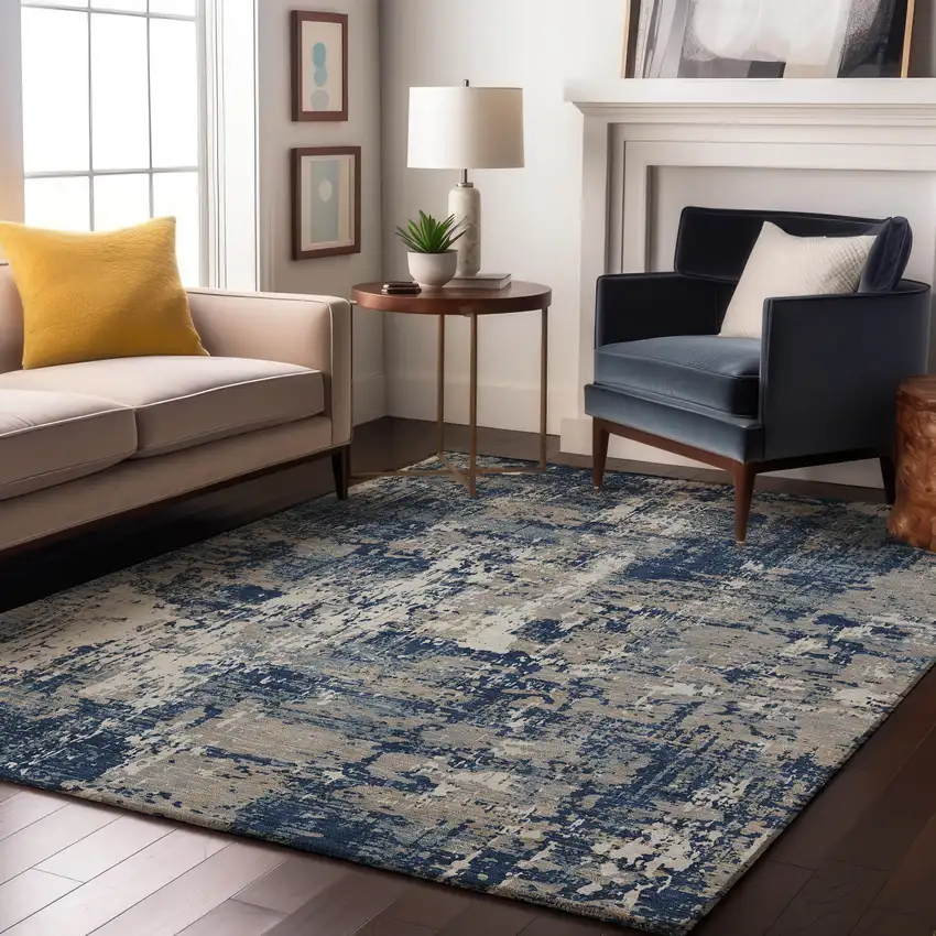 Navy Blue Gray And Ivory Abstract Washable Area Rug With UV Protection Photo 4