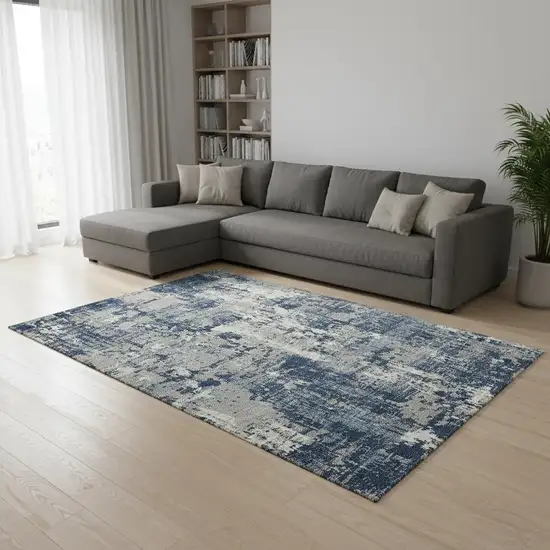 Navy Blue Gray And Ivory Abstract Washable Area Rug With UV Protection Photo 2