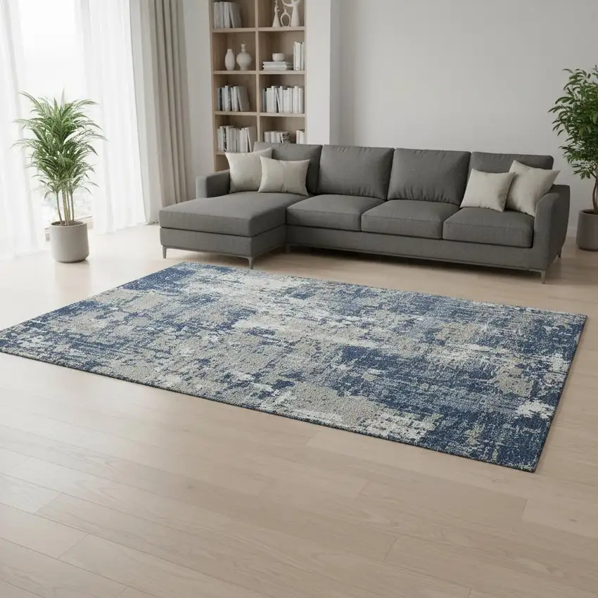 Navy Blue Gray And Ivory Abstract Washable Area Rug With UV Protection Photo 2