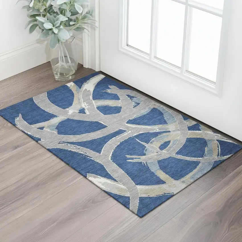 Navy Blue Gray And Ivory Abstract Washable Area Rug With UV Protection Photo 2