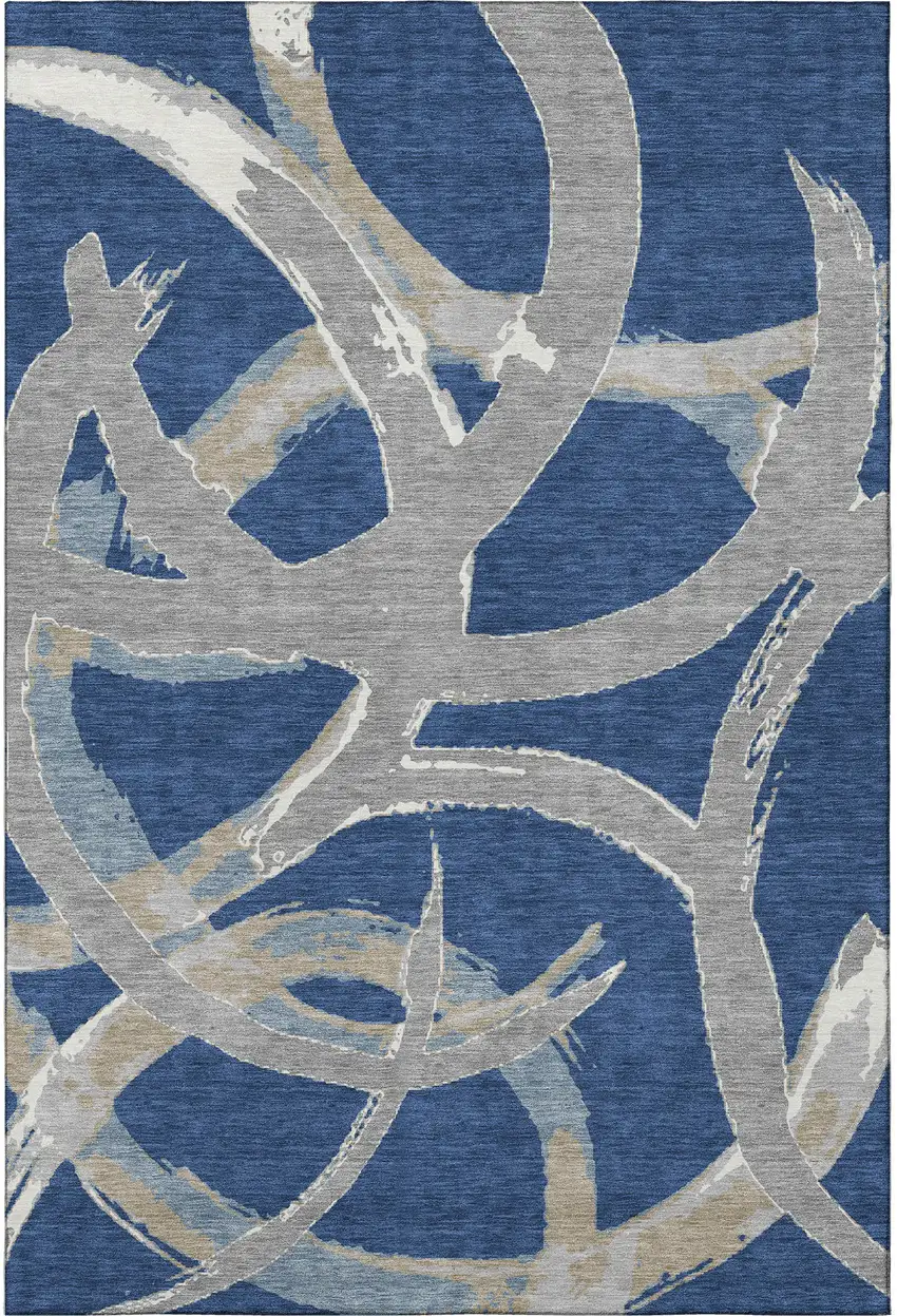 Navy Blue Gray And Ivory Abstract Washable Area Rug With UV Protection Photo 2