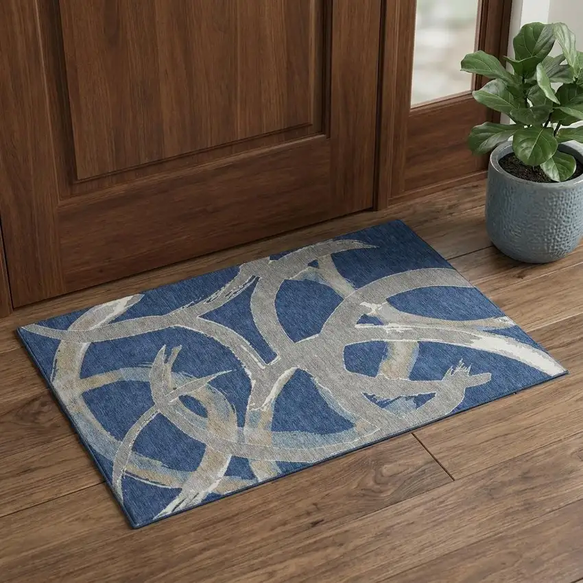 Navy Blue Gray And Ivory Abstract Washable Area Rug With UV Protection Photo 1