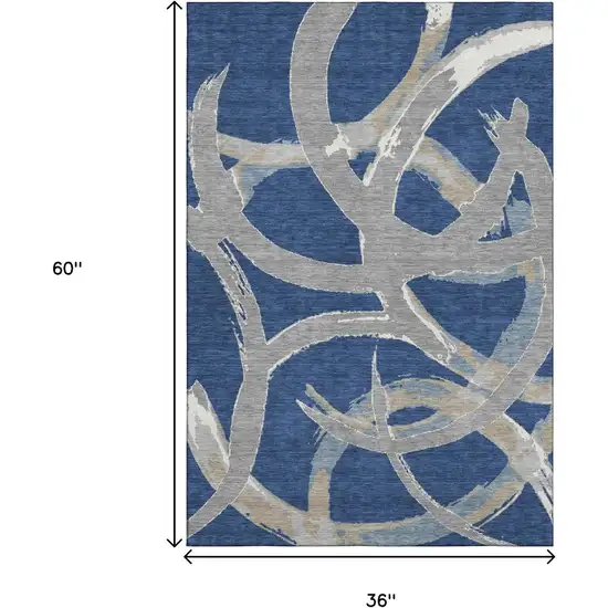 Navy Blue Gray And Ivory Abstract Washable Area Rug With UV Protection Photo 9