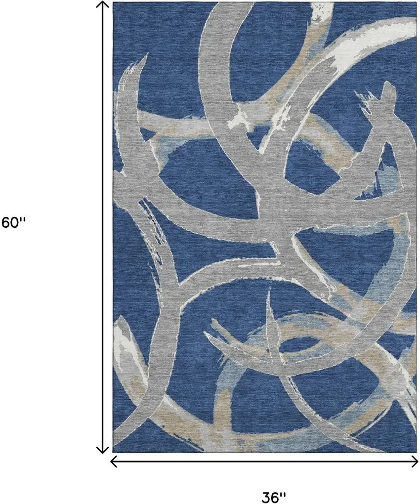 Navy Blue Gray And Ivory Abstract Washable Area Rug With UV Protection Photo 9
